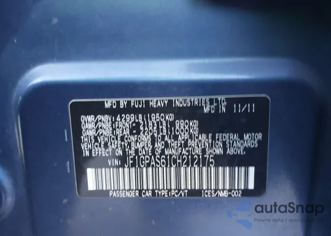 2012 Subaru Impreza 2.0I Sport Limited from USA, damaged, VIN JF1GPAS61CH212175